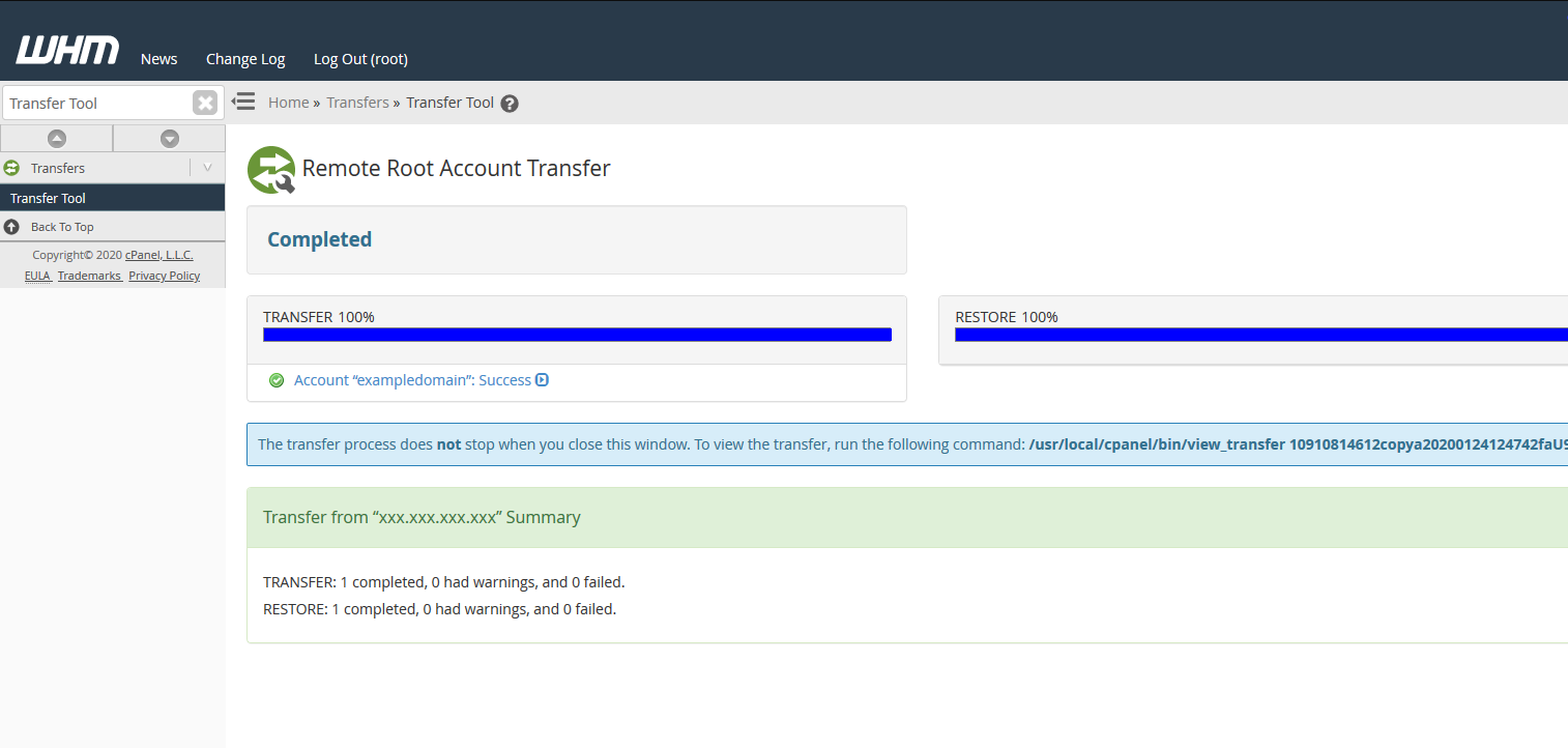 cPanel Transfer complete