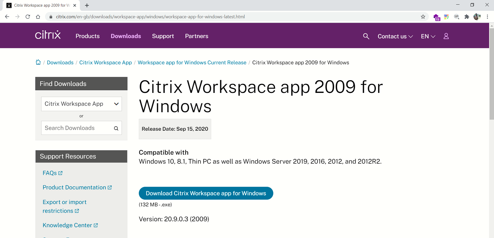 Image 4: Citrix Workspace Application download page (Windows)