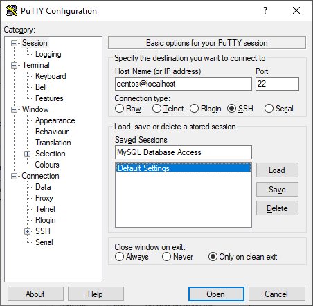 PuTTY Session Screen